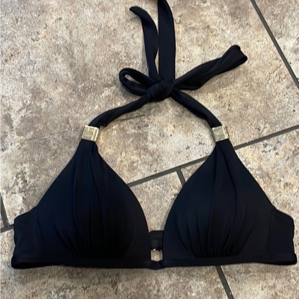 VICTORIA'S SECRET Black Halter Padded Triangle Bikini Top w/ Gold Hardware SMALL